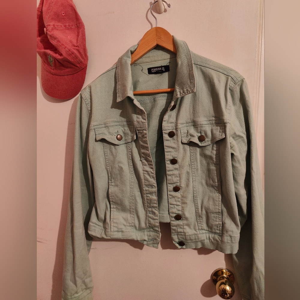 Mint Green Cropped Denim Jacket